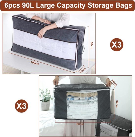 Opbergtas voor onder het bed, 90 liter, opvouwbare opbergtas, kledingbox, vliesstof met helder venster en handgreep, bedlade voor dekbedden, kussens, dekens