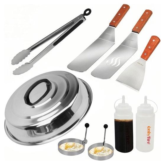 Professionele BBQ-grillspatelset, barbecuespatel, ideaal voor Plancha-kookplaat, met smeltkoepel van 30,5 cm, 9-delig