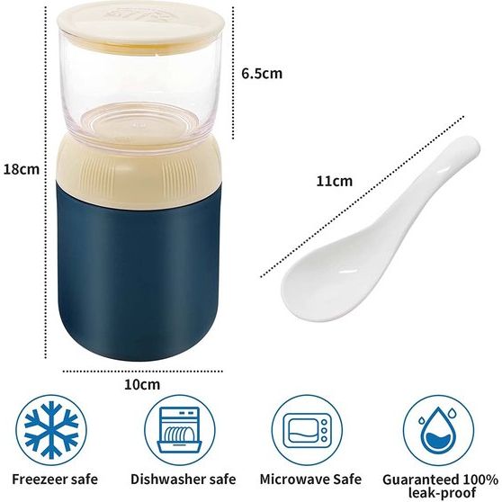 Mueslibeker To Go beker 300 + 400 ml lunchpot yoghurtbeker koffiebeker lekvrij soephouder plastic beker voor kinderen kantoormedewerkers ontbijt werk school picknick reizen blauw