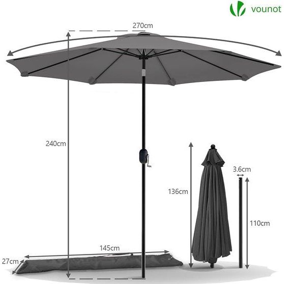 Parasol 270 cm met zwengelinrichting, knikbaar, zonwering, uv-bescherming, balkonscherm, tuinscherm, marktscherm met beschermhoes, grijs