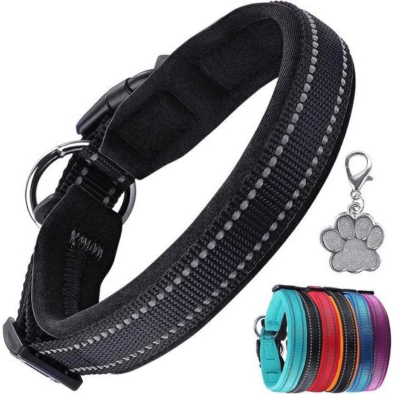 Hondenhalsband, verstelbaar, zacht gevoerd, neopreen, nylon, reflecterende halsband, ademend, instelbaar, met identificatielabel voor kleine, middelgrote en grote honden, zwart, XL