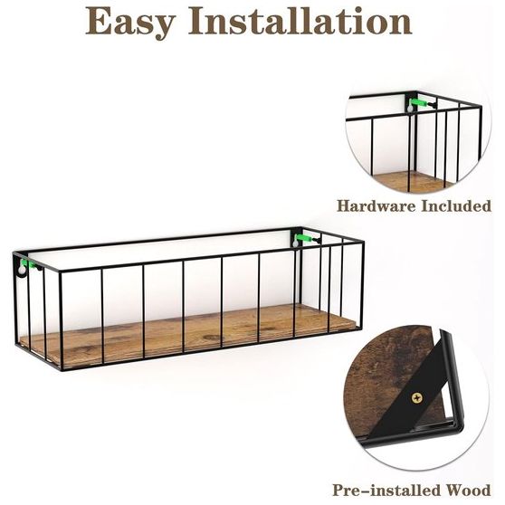 Set van 5 wandplanken, zwevende planken met zwarte metalen staven en bruine houten plank, rustieke plankenwand voor keuken, badkamer, slaapkamer, woonkamer en kantoor (verticale lijn)