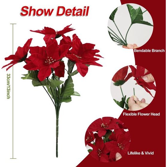 Artificial Christmas Star 4 Pieces Poinsettia Christmas Flower Artificial Flower Ornaments for Wedding Christmas Party Decoration (Red)