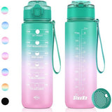 Drinkfles met verwijderbare infusie en tijdmarkering, 1 liter, BPA-vrij, Sport drinkfles, 1 liter, Lekvrij, sportwaterfles voor Fiets, camping, yoga, gym, buiten, school (groen / roze)