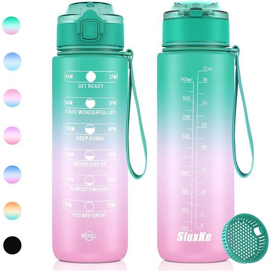 Drinkfles met verwijderbare infusie en tijdmarkering, 1 liter, BPA-vrij, Sport drinkfles, 1 liter, Lekvrij, sportwaterfles voor Fiets, camping, yoga, gym, buiten, school (groen / roze)