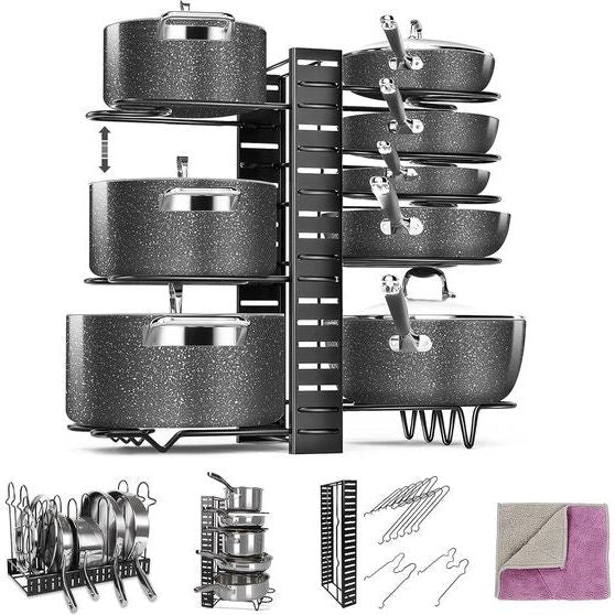 Pannenrekorganizer, 8-laags potten- en pannenrekken voor kastkookgerei, 1 schoonmaakdoekje