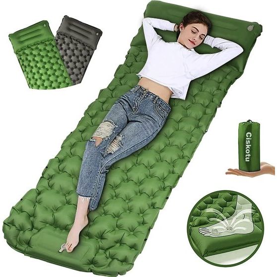 Zelfopblazende slaapmat, 8 cm, verdikt luchtbed, zelfopblazend met kussen, campingmatras, buiten voor kamperen, wandelen, backpacken en wandelen (groen + grijs)