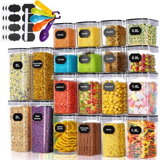 Voorraaddozen, set van 20 stuks, voorraaddozen met deksel, luchtdichte set, muesli, voorraaddoos en vershouddozen, BPA-vrij, mottenveilige keukenorganizer met etiketten, voorraadcontainer, 2,8