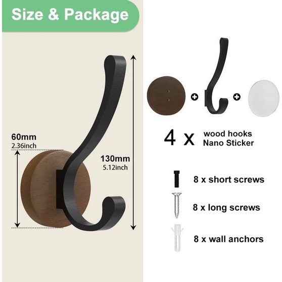 Set van 4 kapstokhaken, wandhaken, houten kapstokhaken, enkele hoeden, sleutels, handdoeken, badjassen, portemonnees, decoratieve woonkamer, badkamer, slaapkamer, kledingkast