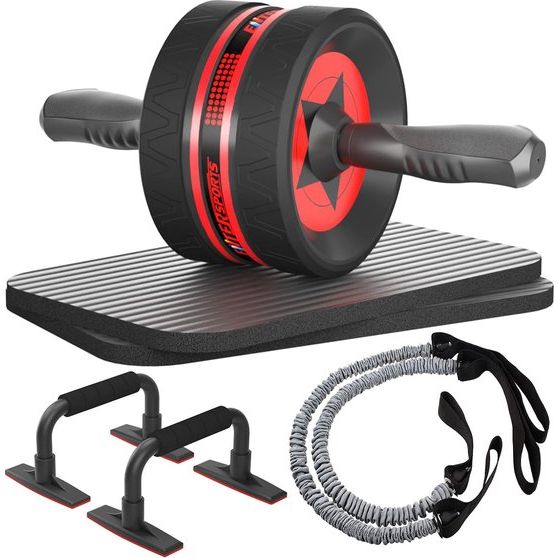 Buikroller, 6-in-1 buiktrainer met fitnessband, push-ups, kniemat, fitnessapparaten, buikspiertrainer vanaf wheel set, ideaal voor mannen en vrouwen om thuis te trainen