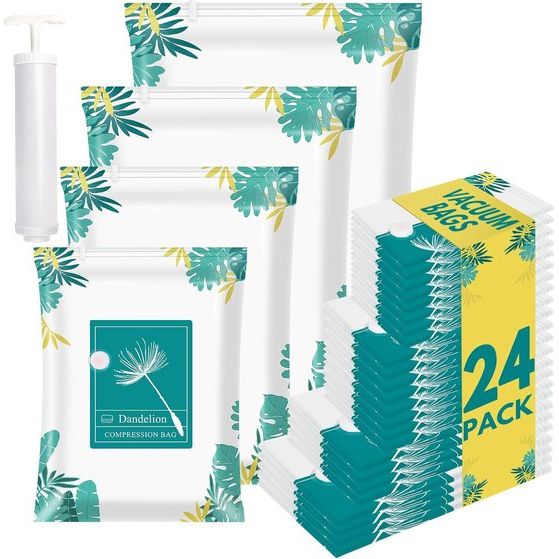Pak met 24 vacuümzakken voor kleding op reis/dekbedden vacuümopbergzakken (4 jumbo 100 x 80 cm / 4 grote 80 x 60 cm / 8 middelgrote 70 x 50 cm / 8 kleine 60 x 40 cm) ruimtebesparende vacuümopslag voor kleding