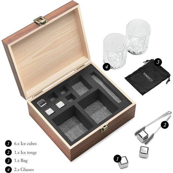 Whiskystenen set - 6 herbruikbare roestvrij stalen ijsblokjes + 2 glazen, tang | Whiskey Ice Cubes metalen koelstenen bar accessoires cocktailrocks gin stenen decoratieaccessoires cadeau whiskystenen