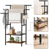 Hand Towel Rail Standing with 3 Towel Rails Bath Towel Holder 2 Open Shelves Space Saving Dark Brown/Black