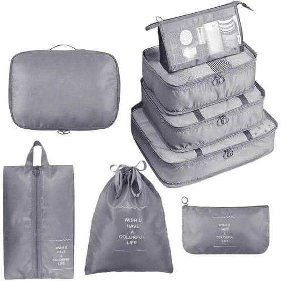 8-delige kledingzak, verpakkingskubus, verpakkingskubus, vakantie- en reis-hangmandset, bagage-organizer reiskubus, bagage-organiseringssysteem, verpakkingskubus, grijs