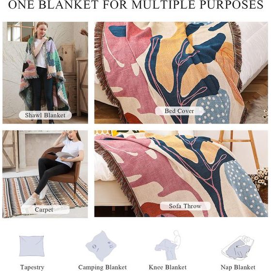 Dubbelzijdige katoenen geweven deken, sprei met kwastjes, jungle, Boheemse stijl, wandtapijt, knuffeldeken, decoratieve deken voor bed, bank, stoel, camping, deken, tafelkleed, tapijt, 160 x130