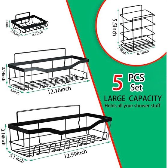 Doucheplank gezoneerd voor boringen, 5 stuks doucheplank, roestvrij staal, douchemand, roestvrij badkamerrek voor shampoo en douchegel, doucheplank met zeephouder voor keuken