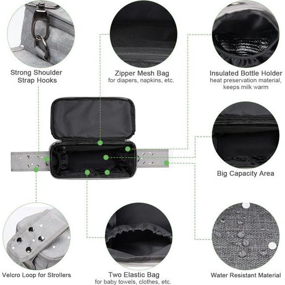 Pram Organiser with Insulated Drink Holder, Shoulder Strap, Large Capacity, Universal Baby Pram Bag, Grey with Dots