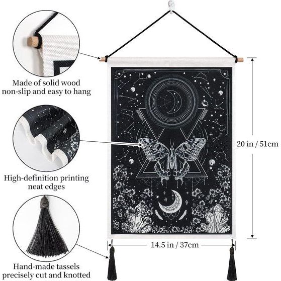Pack of 2 Small Tapestries with Tassels, Sun and Moon Tapestry Tarot Wall Hanging Butterfly Moth Tapestry Black and White Tapestry for Bedroom Aesthetics (Moon Eclipse)