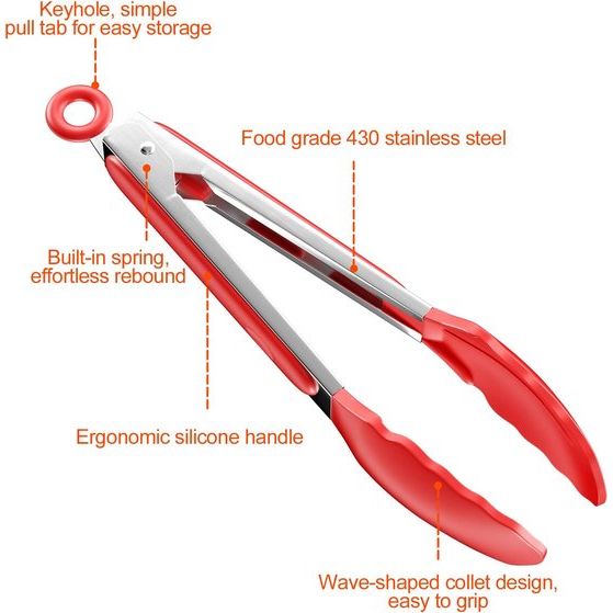 Keukentang roestvrij staal, 22,4 cm, barbecue-tang, keukentang van siliconen, levensmiddelenkwaliteit, met slot en antislip handgreep, keukengerei-accessoires voor pasta, vlees, gehaktballen