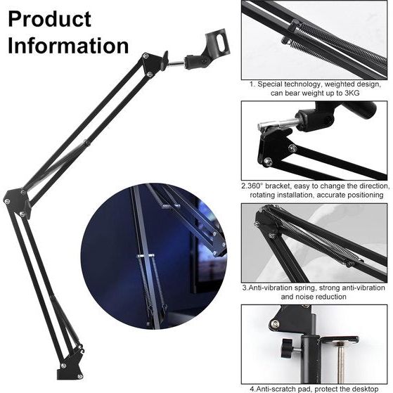 Microfoonstandaard, microfoonarmsteun, microfoon, bureau, gamingtafel met microfoonhouder, anti-vibratie, 360 graden opslag, maximaal 3 kg