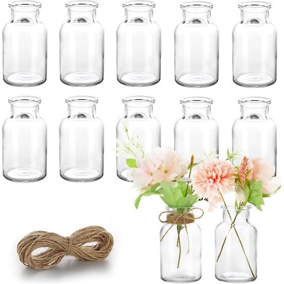 Kleine glazen vaasjes, set van 12 kleine vaasjes voor tafeldecoratie, bruiloft, decoratieve vaasjes set met 8 meter jute koord, mini-glazen vaasjes voor tafeldecoratie, vaatwasmachinebestendig, 10,5 cm.