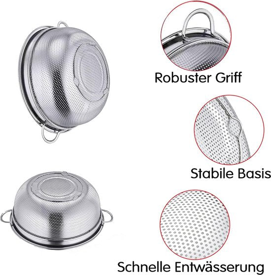 Zeef, roestvrijstalen pastavergiet met handgrepen, Ø 20 cm, microgeperforeerd vergiet keukenzeef voor pasta, groenten, groenten, vaatwasmachinebestendig
