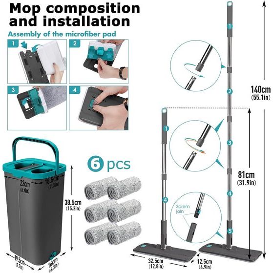 Vloermopset met emmer, 140 cm dweil met wringfunctie en 6 microvezelmoppads, vlakmop en reinigingsemmerset voor vloerreiniging hardhout, tegels, laminaat - grijs + blauw