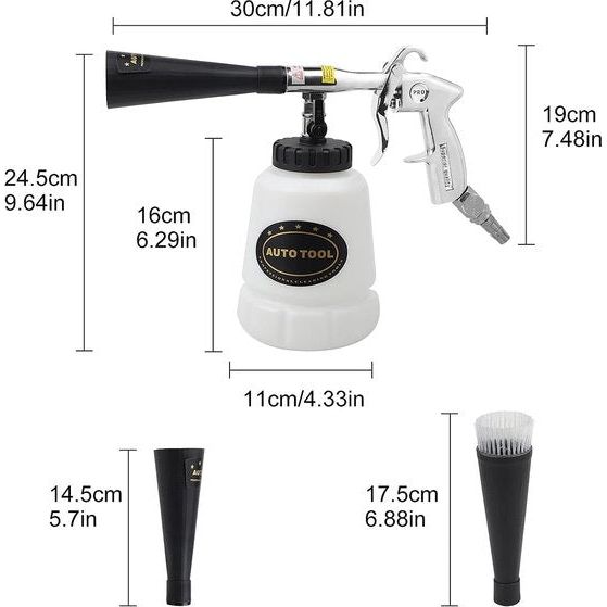 Reinigingspistool, hogedrukreinigerpistool, autoreinigingspistool, persluchtreiniger, 6 - 9,2 bar, instelbare luchtdruk, nikkel-metaalcoating, met mondstuk, handdoeken, handschoenen, borstels