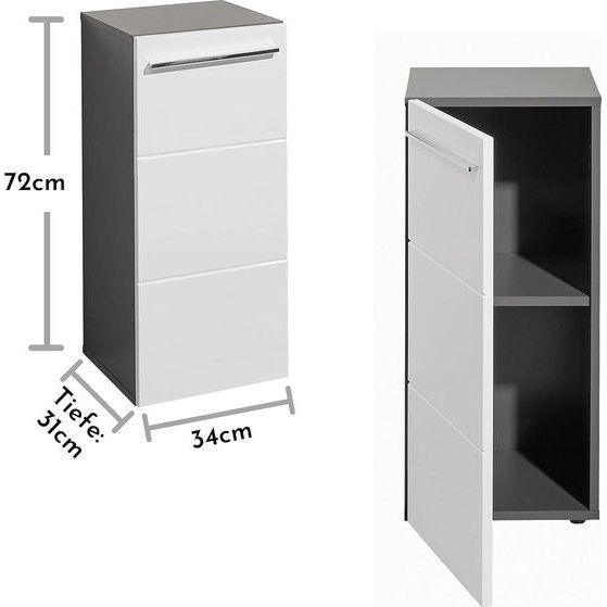 Glanzend wit/antraciet dressoir met zijdressoir voor de badkamer, ongeveer 34 x 72 x 31 cm.