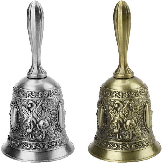 2 stuks klassieke zinklegering restaurantservicebel kersthandbel tafelbel maaltijdbel handbel voor belwaarschuwing diner bij de receptie hotelservice