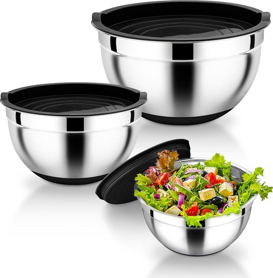 Mengkom, 3-delige roestvrijstalen kom met deksel en siliconen bodem, zwarte slakom om te mengen en serveren, 1 l / 2,5 l / 4,5 l