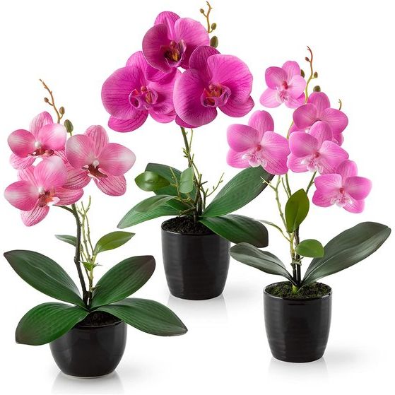 Kunstbloemen in een pot (36cm) - set van 3 orchideeën kunstmatig op elkaar afgestemd arrangement in hoogglans keramische potten - hoogte 35cm, kunstbloemen, kunstorchideeën (rozenarrangement)