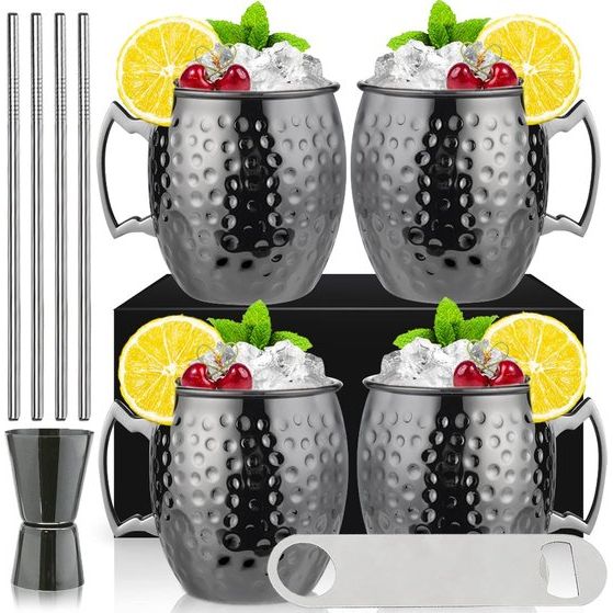 Mokken Set van 4 zwarte Moskou Mule Mok 530 ml Gunmetal Zwart Vergulde RVS Mok Dubbele Jigger Gekoelde Koude Drank Cocktailbekers Drinkwaren Met Geschenkdoos