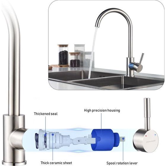 Lagedrukarmatuur keuken van geborsteld roestvrij staal nikkel waterkraan lage druk keuken 360° draaibare keukenkraan lage druk spoelbakarmatuur voor boiler (met 3 aansluitingen)