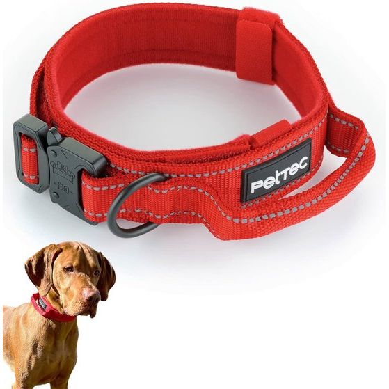 Hondenhalsband van neopreen en nylon, halsband met handvat voor kleine en grote honden, zacht gevoerd (S-XL), uiterst robuust en waterafstotend, verstelbaar, set halsband en sleeplijn, rood