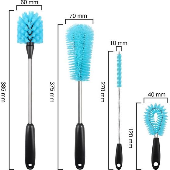 4-delige flessenborstelreinigingsset voor het reinigen van flessen met smalle hals, waterflessen, babyflessen, drinkbekers en rietjes (blauw)