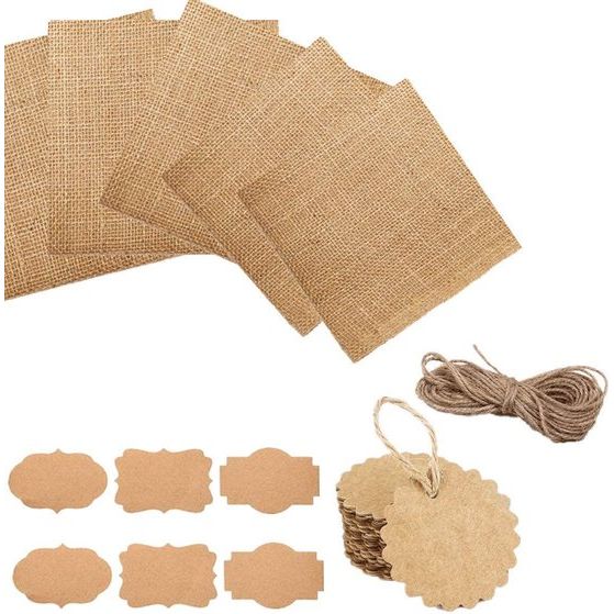 50 stuks, 15 cm x 15 cm, van jute, decoratieve dekens, glazendekens, topping met koord, sticker en hanger, versiering voor inmaakpotten, jampotten, Kerstmis, bruiloft