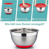 5-delige set slakommen van roestvrij staal, met rood deksel en siliconen bodem, multifunctioneel, stapelbaar, vaatwasmachinebestendig, 6,6 l / 3,5 l / 2,5 l / 1,5 l / 1 l