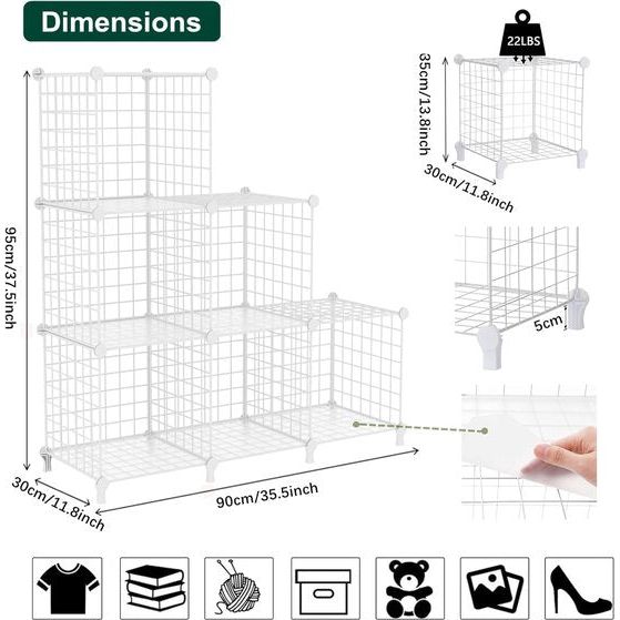 6 Plank Draadkubus Stapelbare Plank Kubus DIY Metalen Raster Plank Kubus Boekenplank Kubus Plank met Deuren voor Woonkamer, Slaapkamer, Badkamer Wit