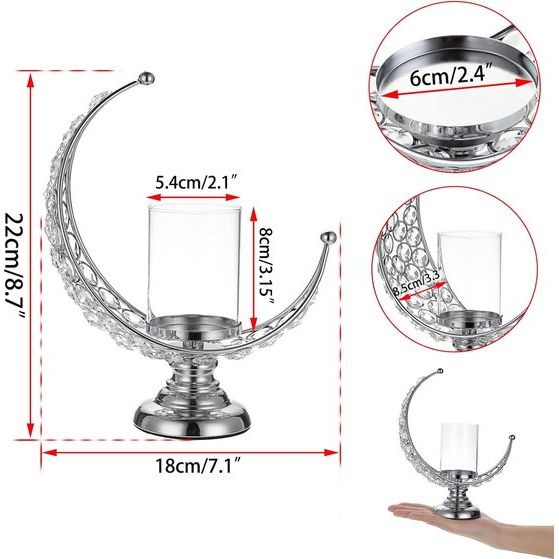 Maanvorm Kristal Theelichtje van glas Metaal Kaarshouder Kaarshouder Kaarshouder voor thuiskantoor Bruiloft Kerstdiner Tafeldecoratie voor stompkaars Zilver