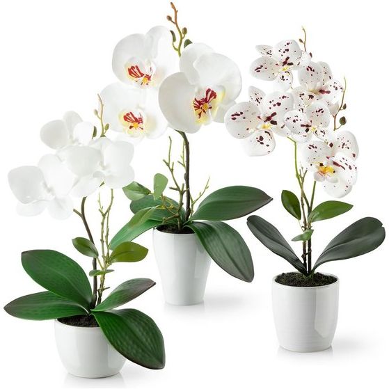 Kunstbloemen in potten (36cm) - set van 3 orchideeën kunstmatig op elkaar afgestemd arrangement in hoogglans keramische potten, decoratieve kunstbloemen, kunstorchideeën (wit arrangement)