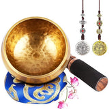 UNIDEAL Tibetaanse klankschaalset, Singing Bowl uit Tibet met klepel en klankschaalkussen, wordt geleverd met 2 belofte koperen ornamenten, handgemaakt in Nepal, voor yoga meditatie, ontspanning