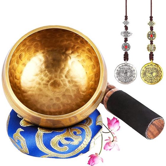 UNIDEAL Tibetaanse klankschaalset, Singing Bowl uit Tibet met klepel en klankschaalkussen, wordt geleverd met 2 belofte koperen ornamenten, handgemaakt in Nepal, voor yoga meditatie, ontspanning