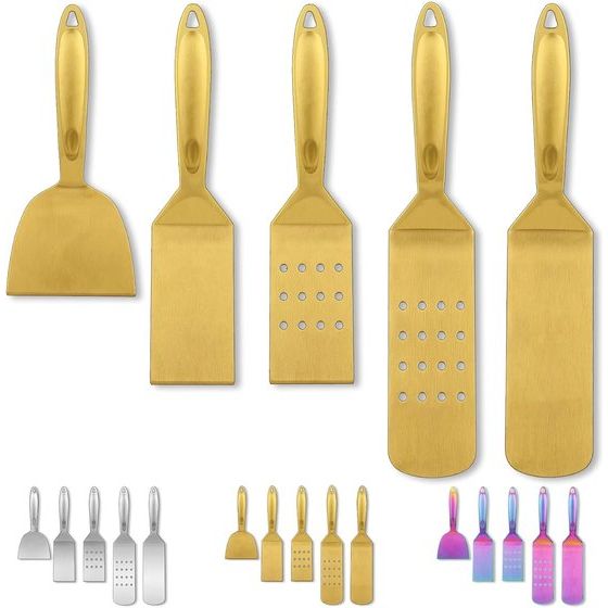 Gold BBQ grillbestek, 5 stuks, grillaccessoires, roestvrijstalen handgreep met Baklite monteren, grillgereedschap smelt niet, geen loslating en hittebestendig