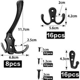 Kledinghaken, 40 stuks, garderobehaken, vintage, 16 haken om te schroeven, 16 dubbele wandhaken, 8 drie sleutelhaken, brons, kledinghaken, retro met 40 schroeven, voor badkamer, keuken, kantoor,