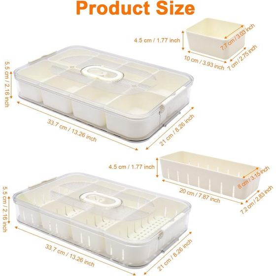 Snackdoos met compartimenten, 2 stuks snackbewaardoos, fruit- en groentebak met 8+4 compartimenten, voedselopslagcontainer voor koelkast en voorraadkast voor snacks, fruit en kruiden.