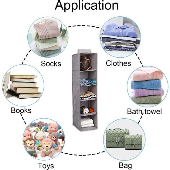 Ophangrek, hangende opberger met 5 zakken, hangende stoffen doos, kledingdoos, organizer voor kleding, mooi, ruimtebesparend en opvouwbaar, grijs