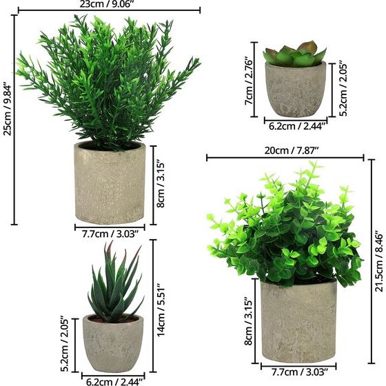 Belle Vous 4 Pak Artificiële Binnen Potplanten - Kleine Nep Plastic Eucalyptus, Slangen Tong Gras & Vetplanten - Faux Groen voor Kantoor, Bureau/Tafel, Slaapkamer, Keuken, Huisdecoratie