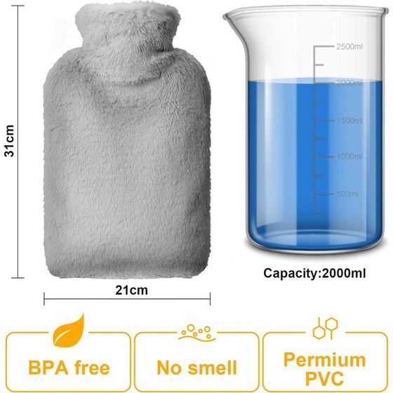 Warmwaterkruik met overtrek, kangoeroezak, knuffelzachte vacht, overtrek met kangoeroezak voor handen, 2 liter, warmwaterkruiken, lekvrij, handwarmer voor kinderen en volwassenen,