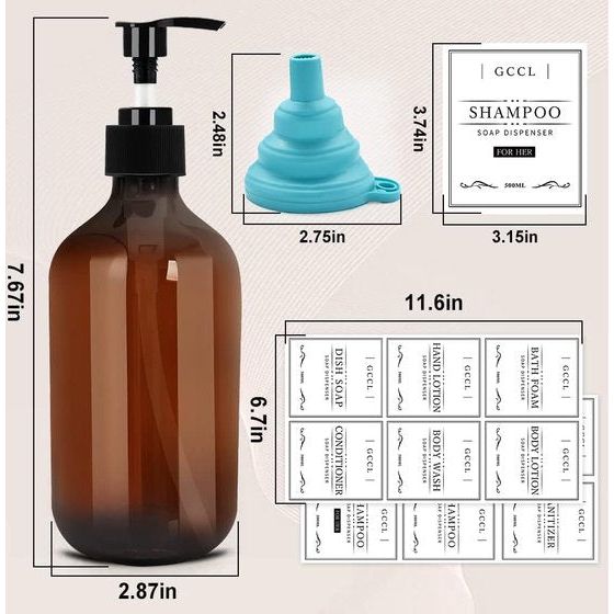 4 stuks 500 ml zeepdispenser flessen, lege plastic pompdispenser voor lotion, douchegel, shampoo en conditioner, vloeibare zeepdispenser met waterdichte etiketten voor badkamer, keuken, hotel (bruin)